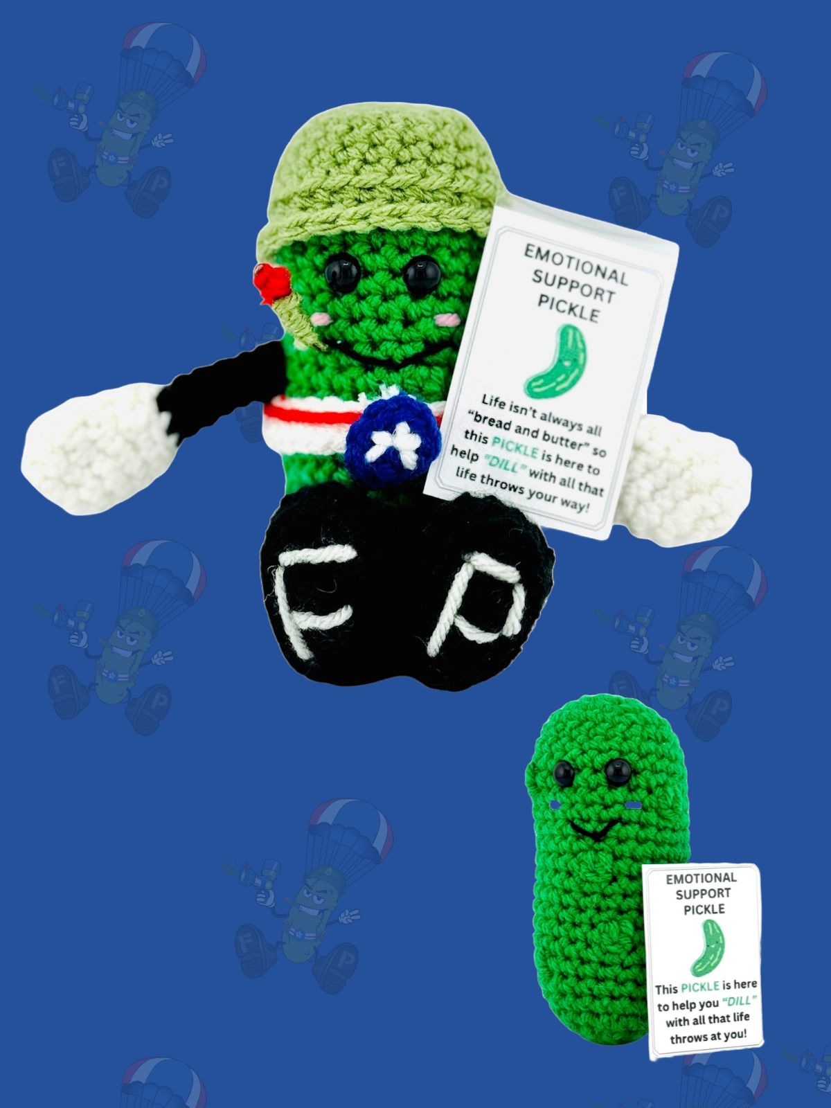 Crocheted pickle plush toy with a sign on a blue background